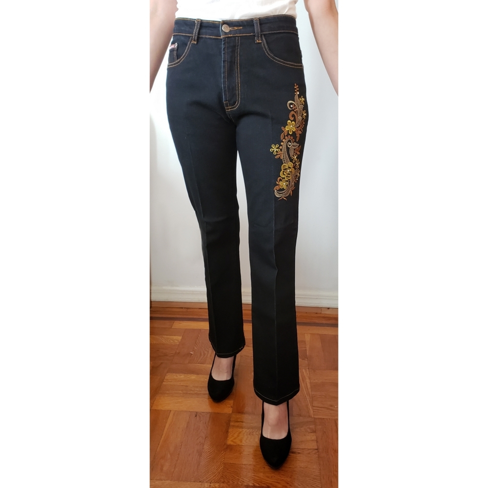 Gold embroidered black jeans